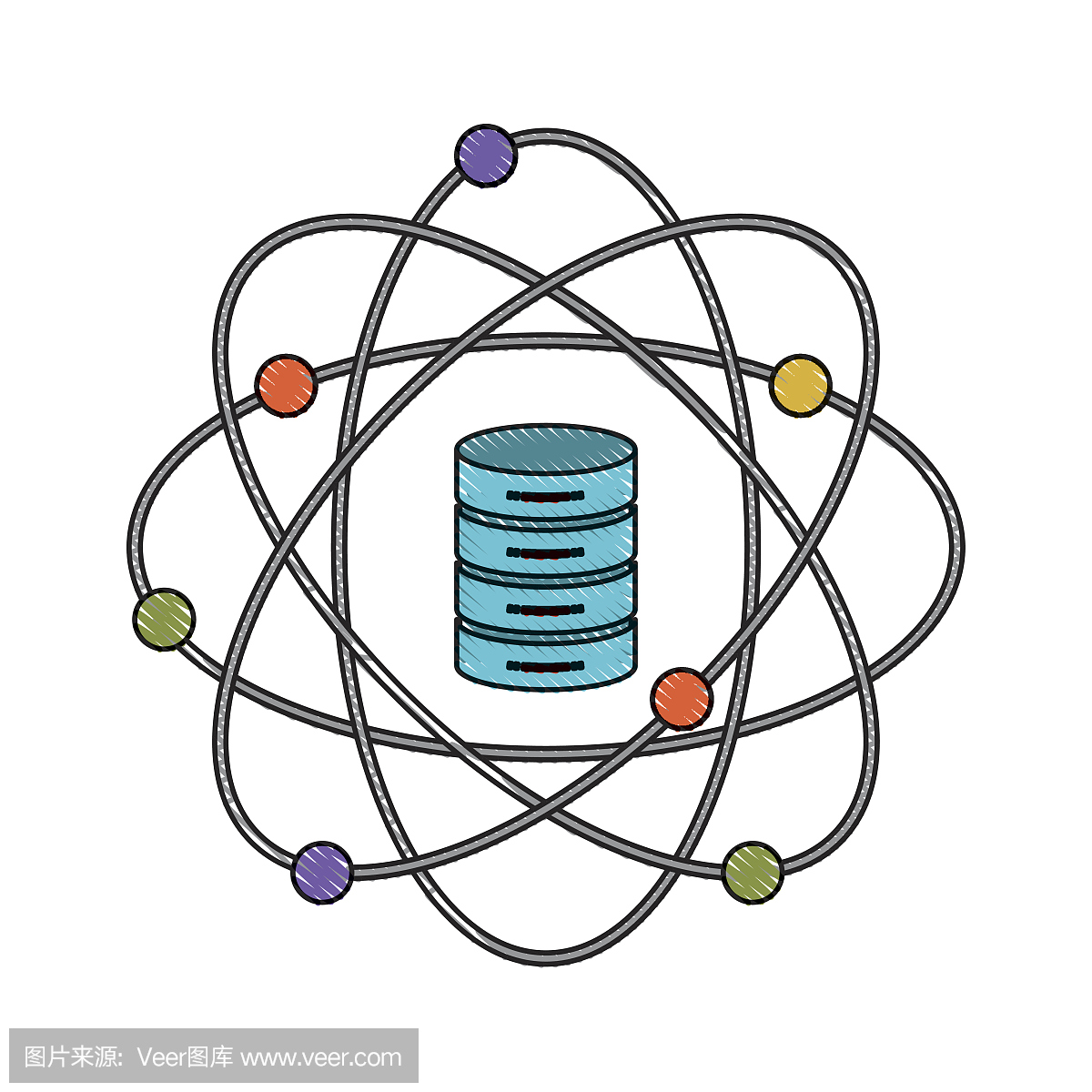 数据科学原子围绕着彩色蜡笔剪影中的服务器图标